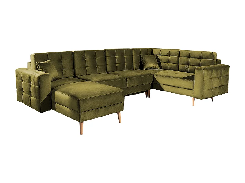 Canapé panoramique convertible ANSKA en velours - Pieds bois naturel-Vert olive