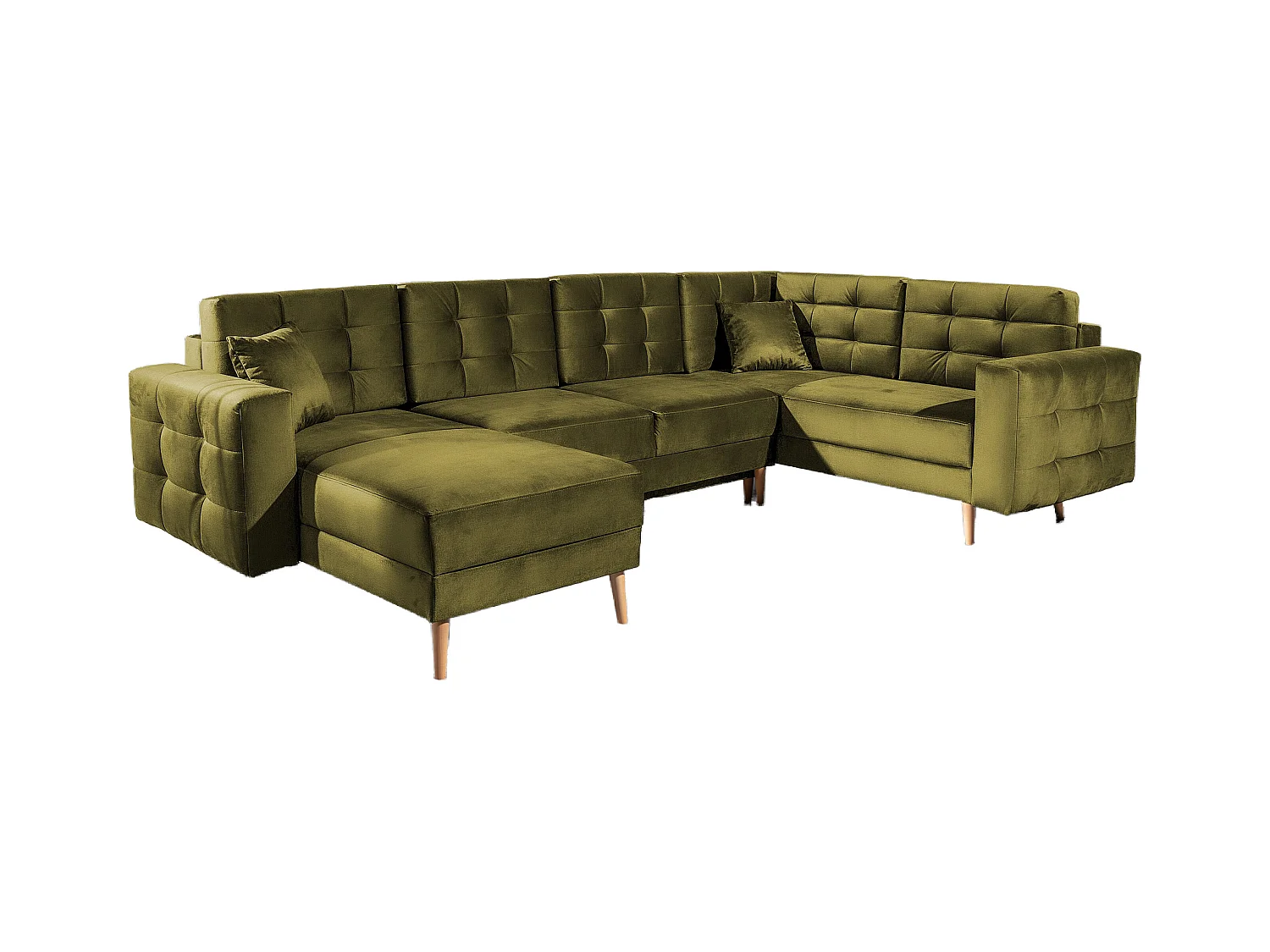 Canapé panoramique convertible ANSKA en velours - Pieds bois naturel-Vert olive