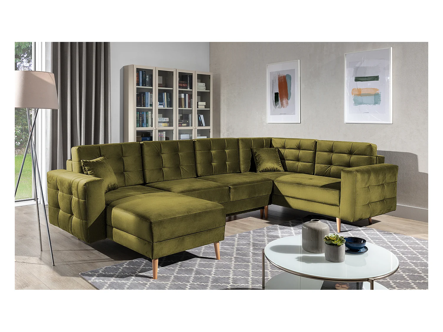 Canapé panoramique convertible ANSKA en velours - Pieds bois naturel-Vert olive