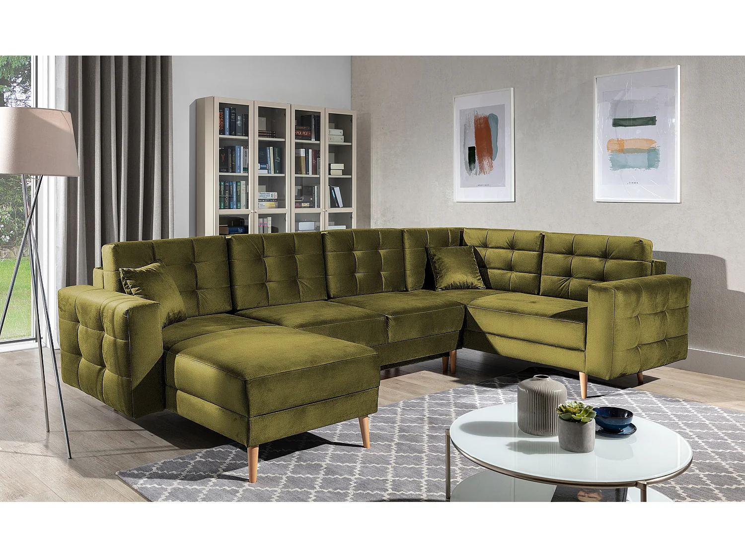 Canapé panoramique convertible ANSKA en velours - Pieds bois naturel-Vert olive