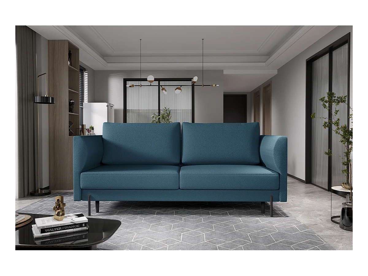 Canapé convertible en tissu ROBBY – Rangement et pieds métal noir-Bleu canard