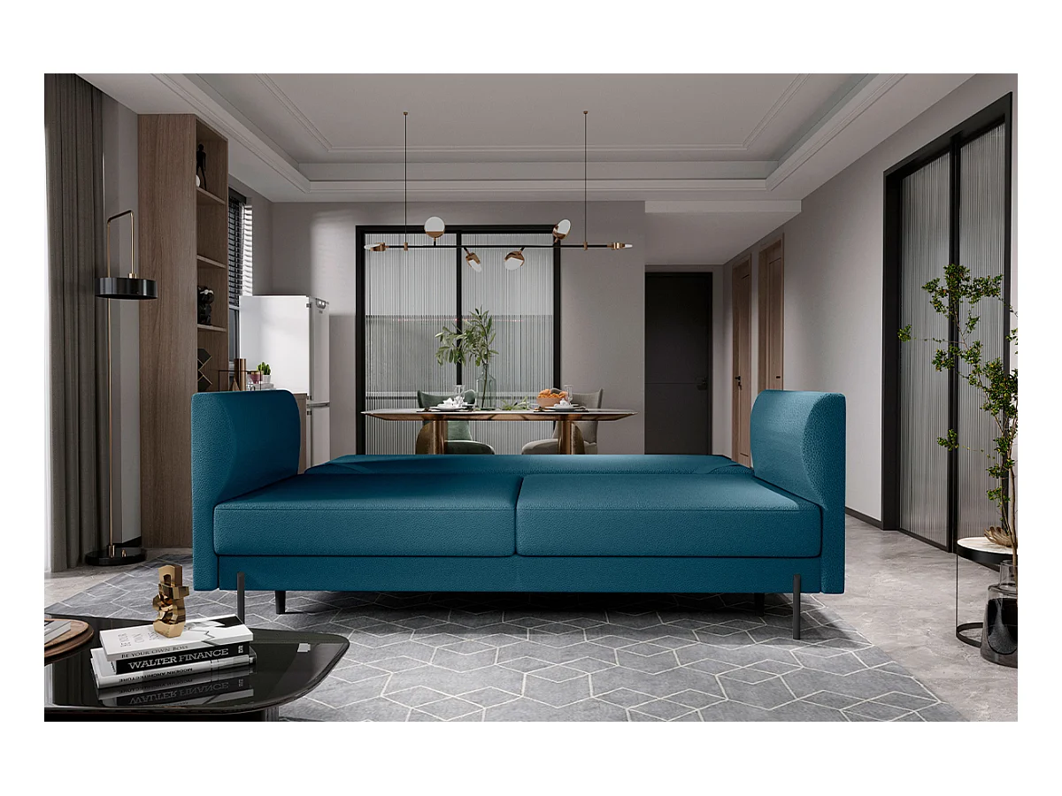 Canapé convertible en tissu ROBBY – Rangement et pieds métal noir-Bleu canard