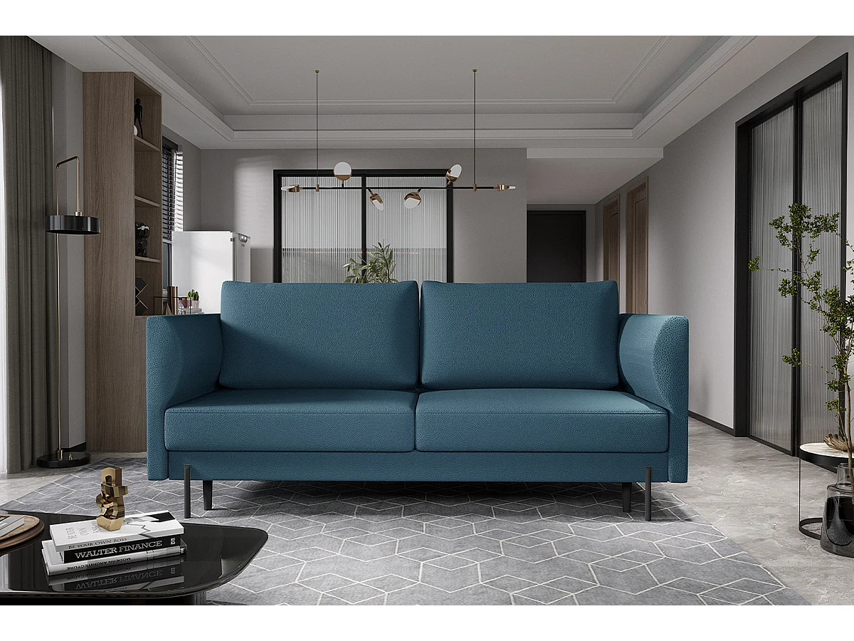 Canapé convertible en tissu ROBBY – Rangement et pieds métal noir-Bleu canard
