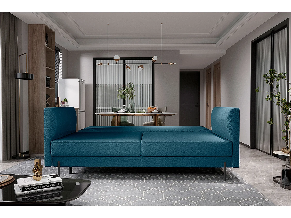 Canapé convertible en tissu ROBBY – Rangement et pieds métal noir-Bleu canard