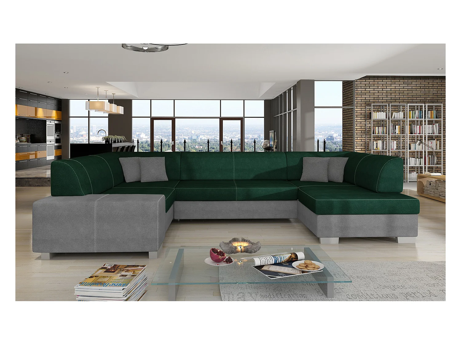 Canapé panoramique convertible HOUSTON en velours avec coffre de rangement-Gris clair/Vert-Coffre à droite