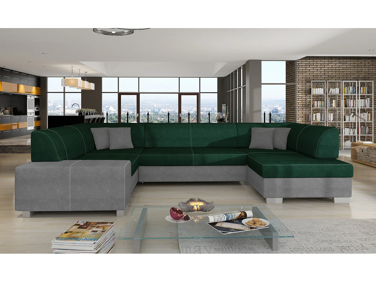 Canapé panoramique convertible HOUSTON en velours avec coffre de rangement-Gris clair/Vert-Coffre à droite