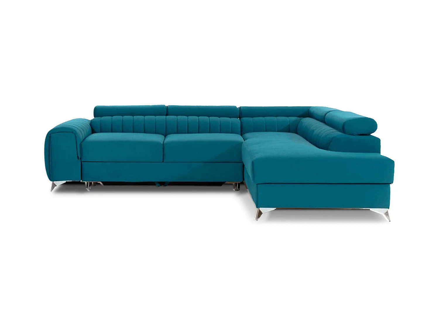Canapé d'angle convertible velours appuis-tête réglables LOZA - Coffre et pieds acier chromé-Bleu canard-angle droit