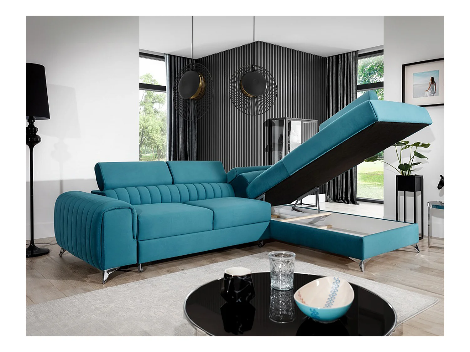 Canapé d'angle convertible velours appuis-tête réglables LOZA - Coffre et pieds acier chromé-Bleu canard-angle droit