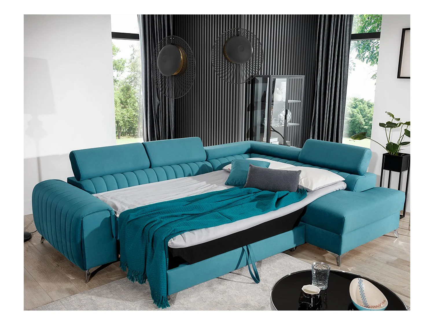 Canapé d'angle convertible velours appuis-tête réglables LOZA - Coffre et pieds acier chromé-Bleu canard-angle droit