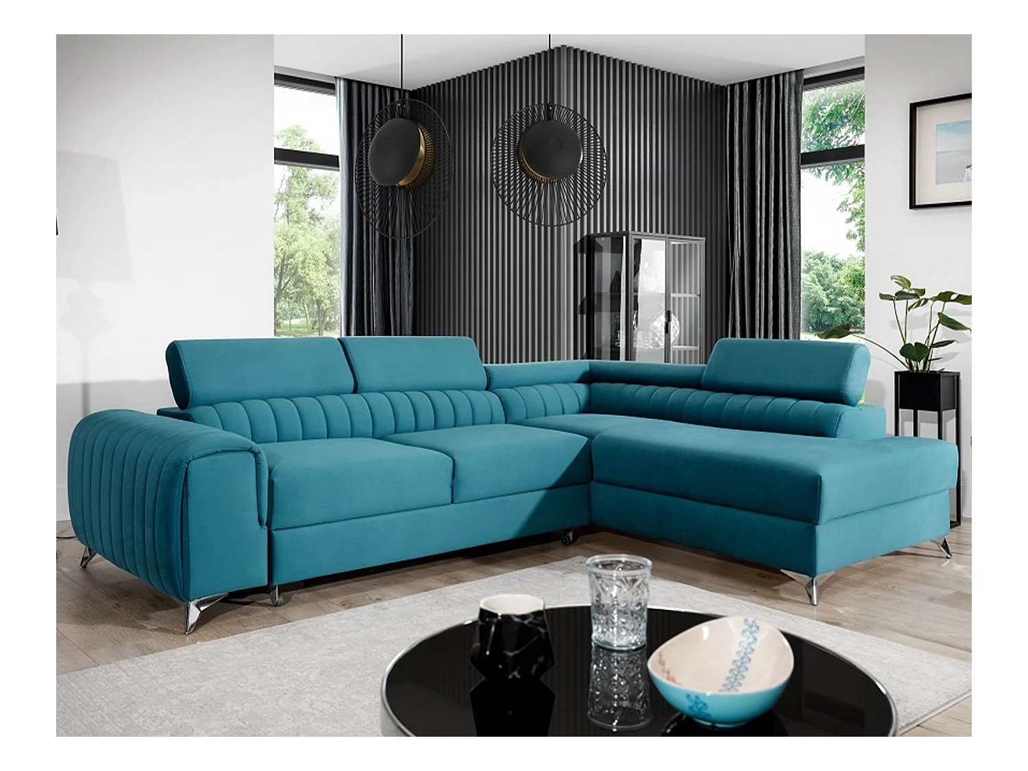 Canapé d'angle convertible velours appuis-tête réglables LOZA - Coffre et pieds acier chromé-Bleu canard-angle droit