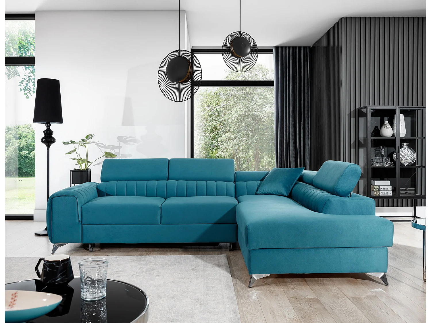 Canapé d'angle convertible velours appuis-tête réglables LOZA - Coffre et pieds acier chromé-Bleu canard-angle droit