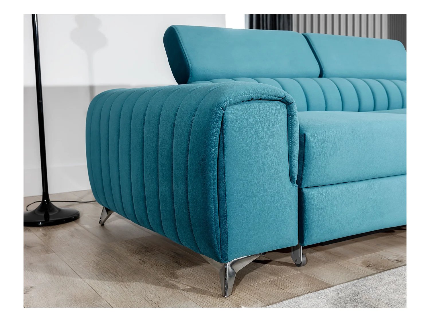 Canapé d'angle convertible velours appuis-tête réglables LOZA - Coffre et pieds acier chromé-Bleu canard-angle droit