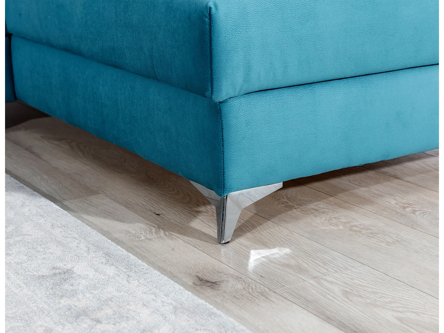 Canapé d'angle convertible velours appuis-tête réglables LOZA - Coffre et pieds acier chromé-Bleu canard-angle droit