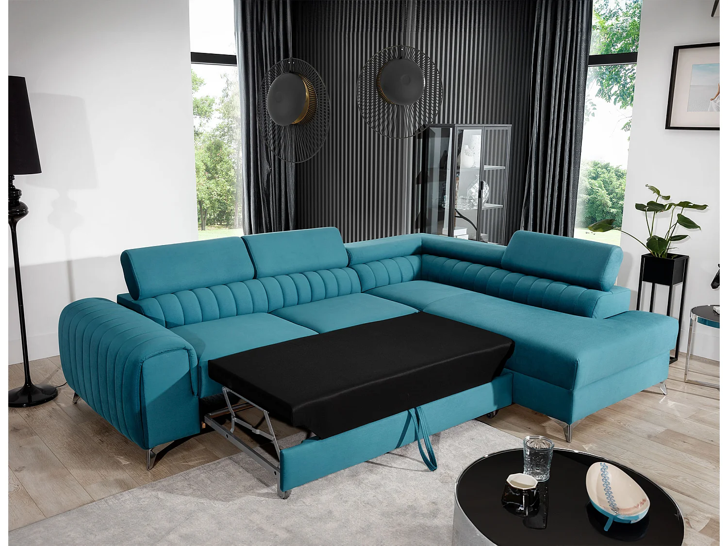 Canapé d'angle convertible velours appuis-tête réglables LOZA - Coffre et pieds acier chromé-Bleu canard-angle droit