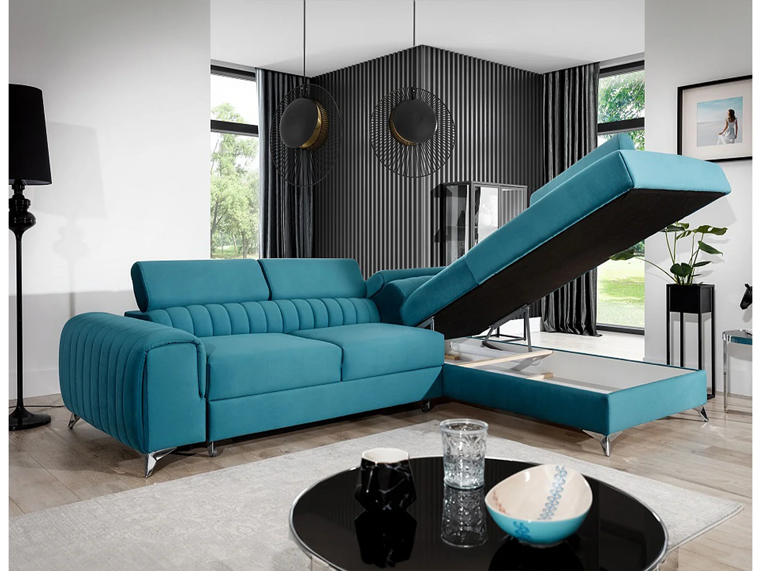 Canapé d'angle convertible velours appuis-tête réglables LOZA - Coffre et pieds acier chromé-Bleu canard-angle droit