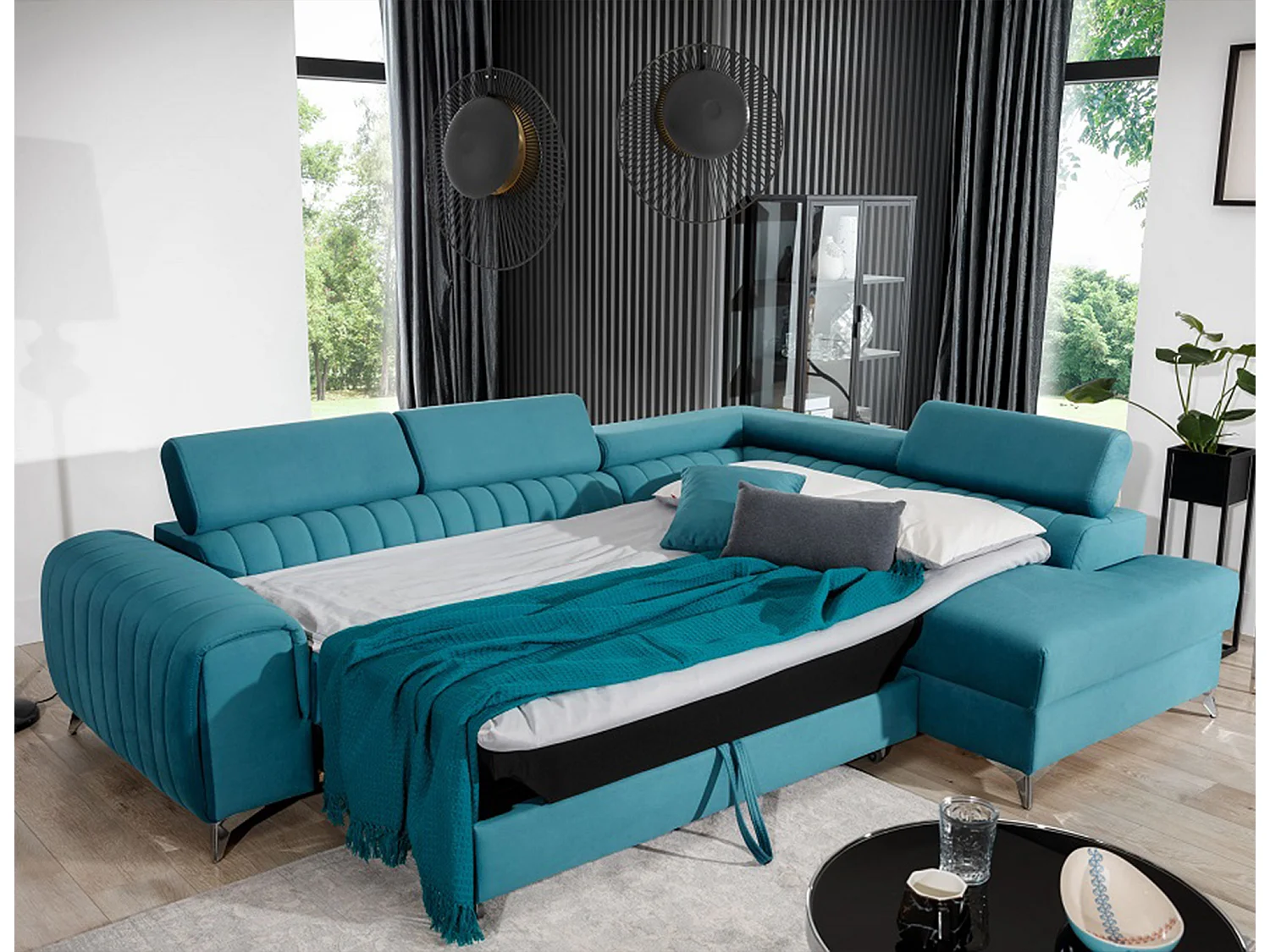 Canapé d'angle convertible velours appuis-tête réglables LOZA - Coffre et pieds acier chromé-Bleu canard-angle droit