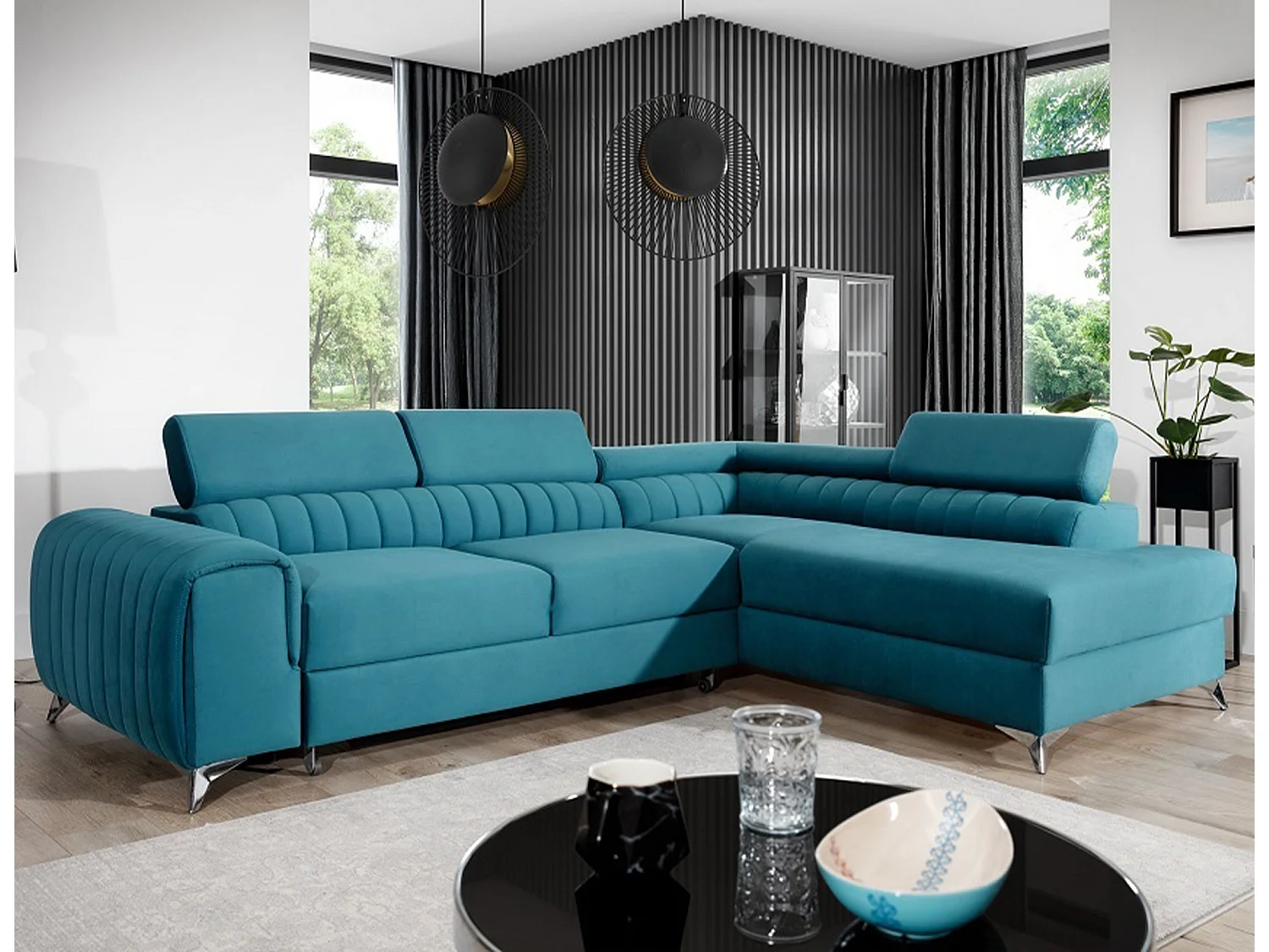 Canapé d'angle convertible velours appuis-tête réglables LOZA - Coffre et pieds acier chromé-Bleu canard-angle droit