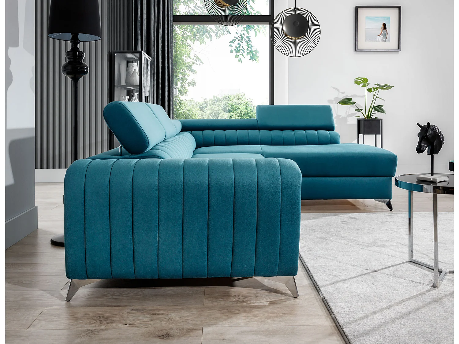 Canapé d'angle convertible velours appuis-tête réglables LOZA - Coffre et pieds acier chromé-Bleu canard-angle droit