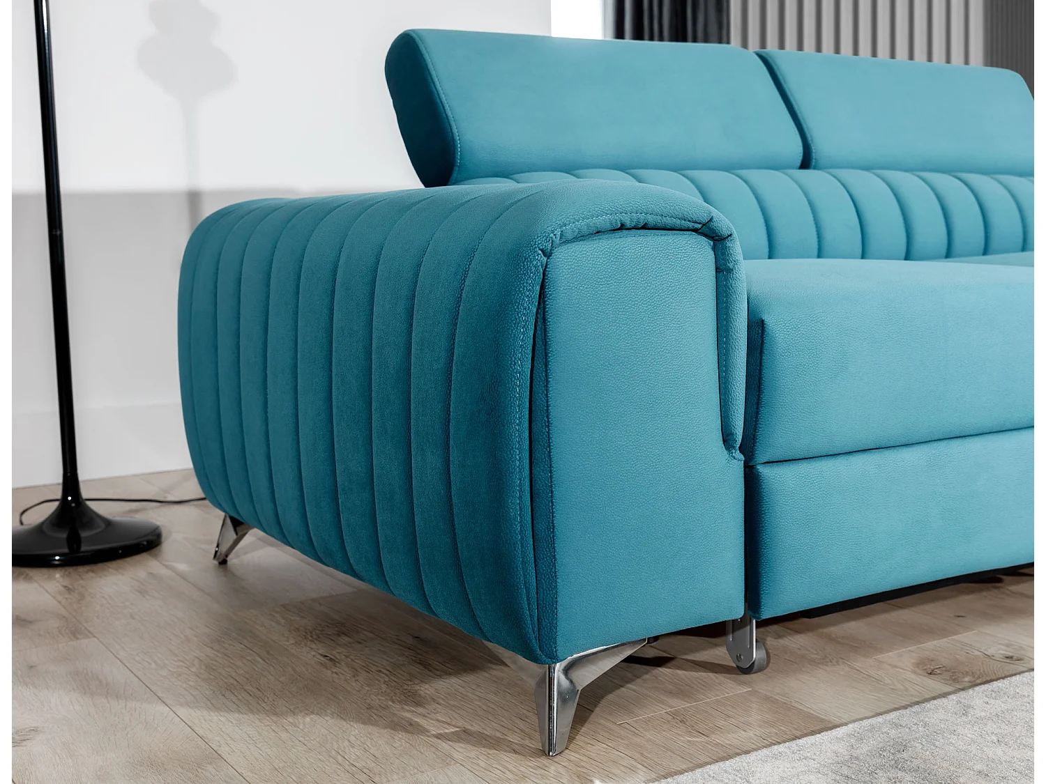 Canapé d'angle convertible velours appuis-tête réglables LOZA - Coffre et pieds acier chromé-Bleu canard-angle droit