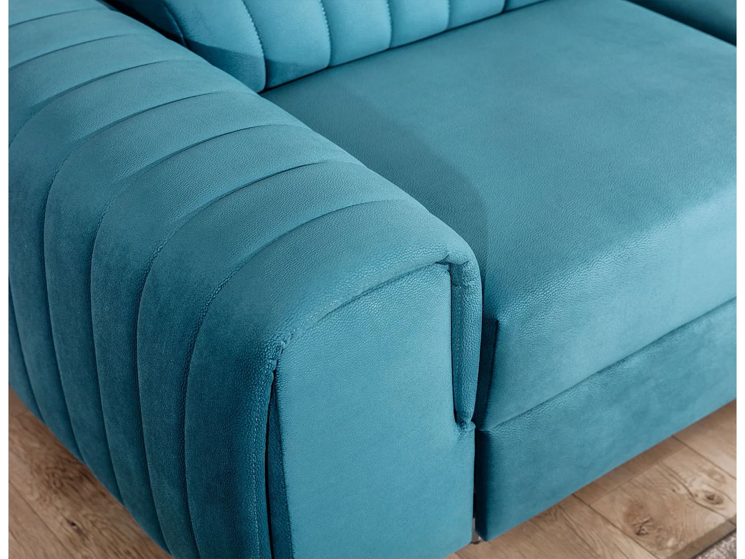 Canapé d'angle convertible velours appuis-tête réglables LOZA - Coffre et pieds acier chromé-Bleu canard-angle droit