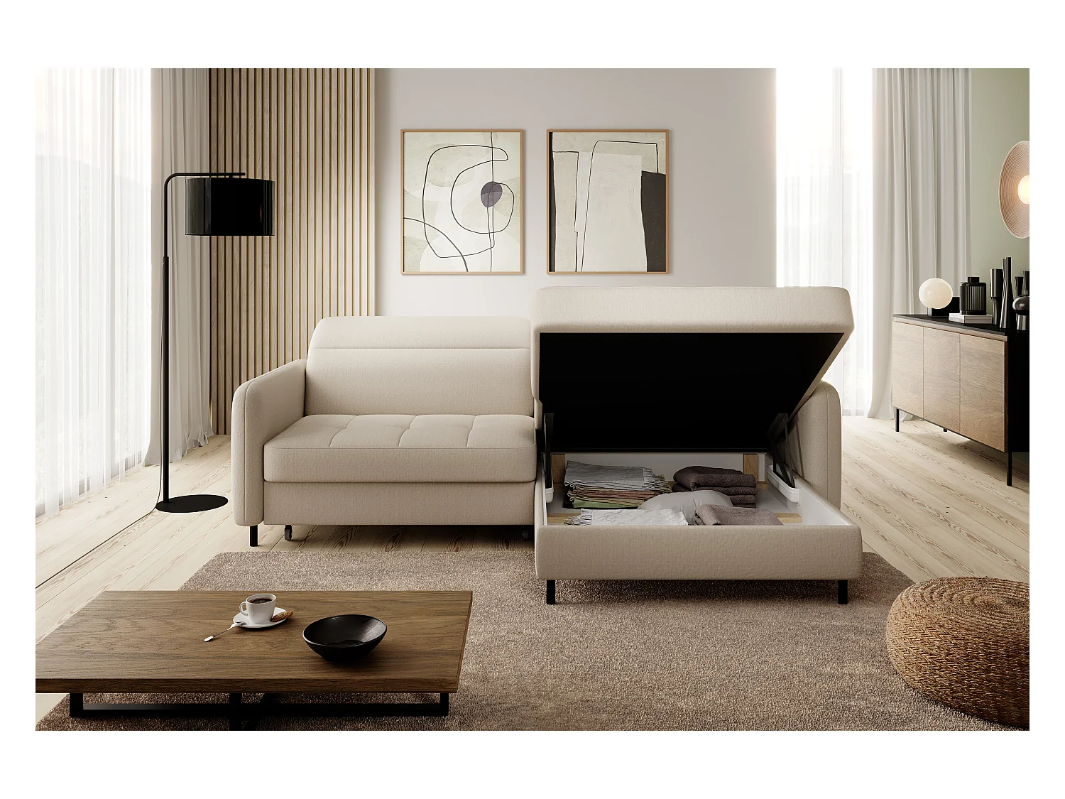 Petit canapé d’angle convertible tissu Kunder-Beige-angle droit