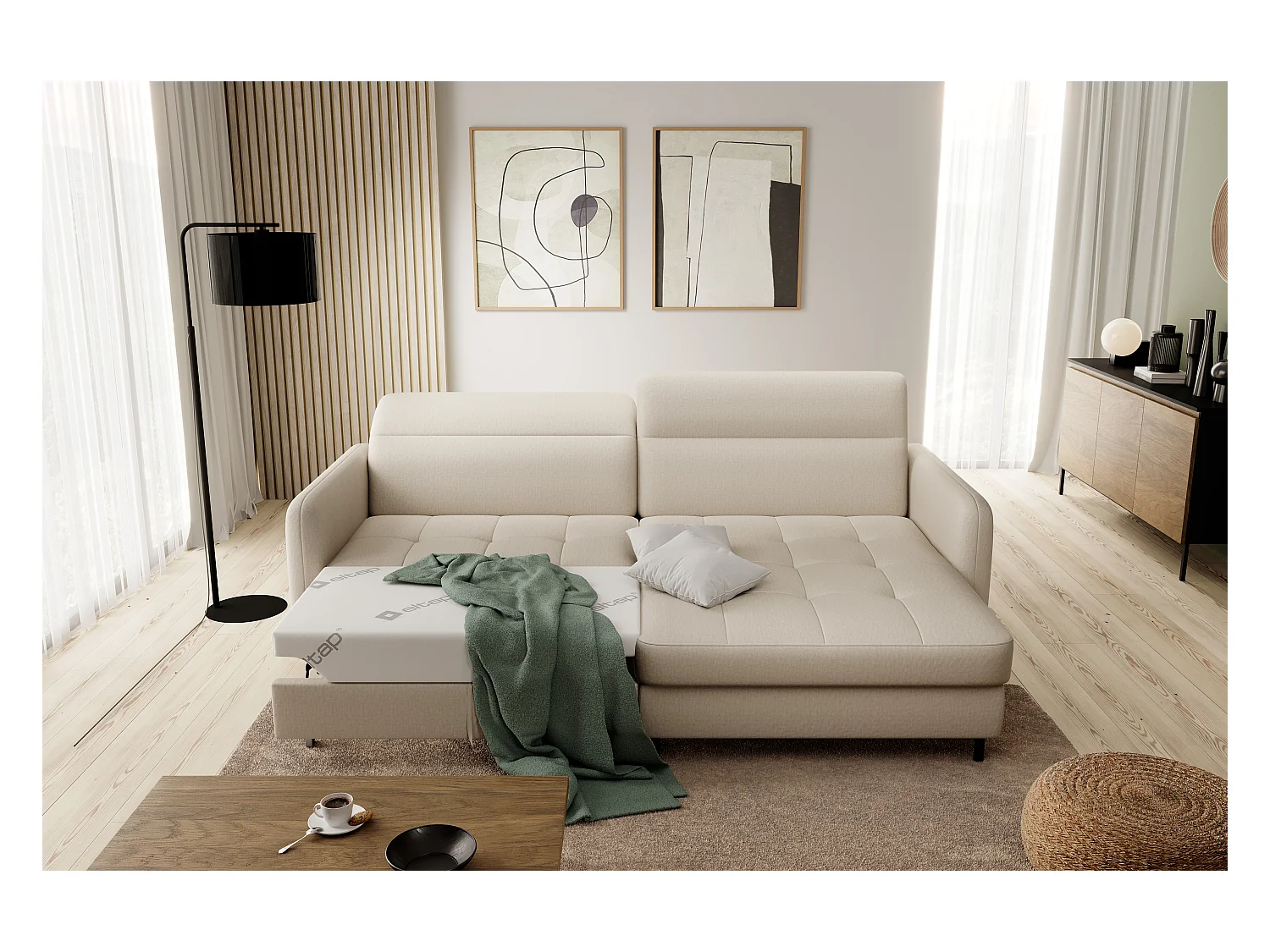 Petit canapé d’angle convertible tissu Kunder-Beige-angle droit