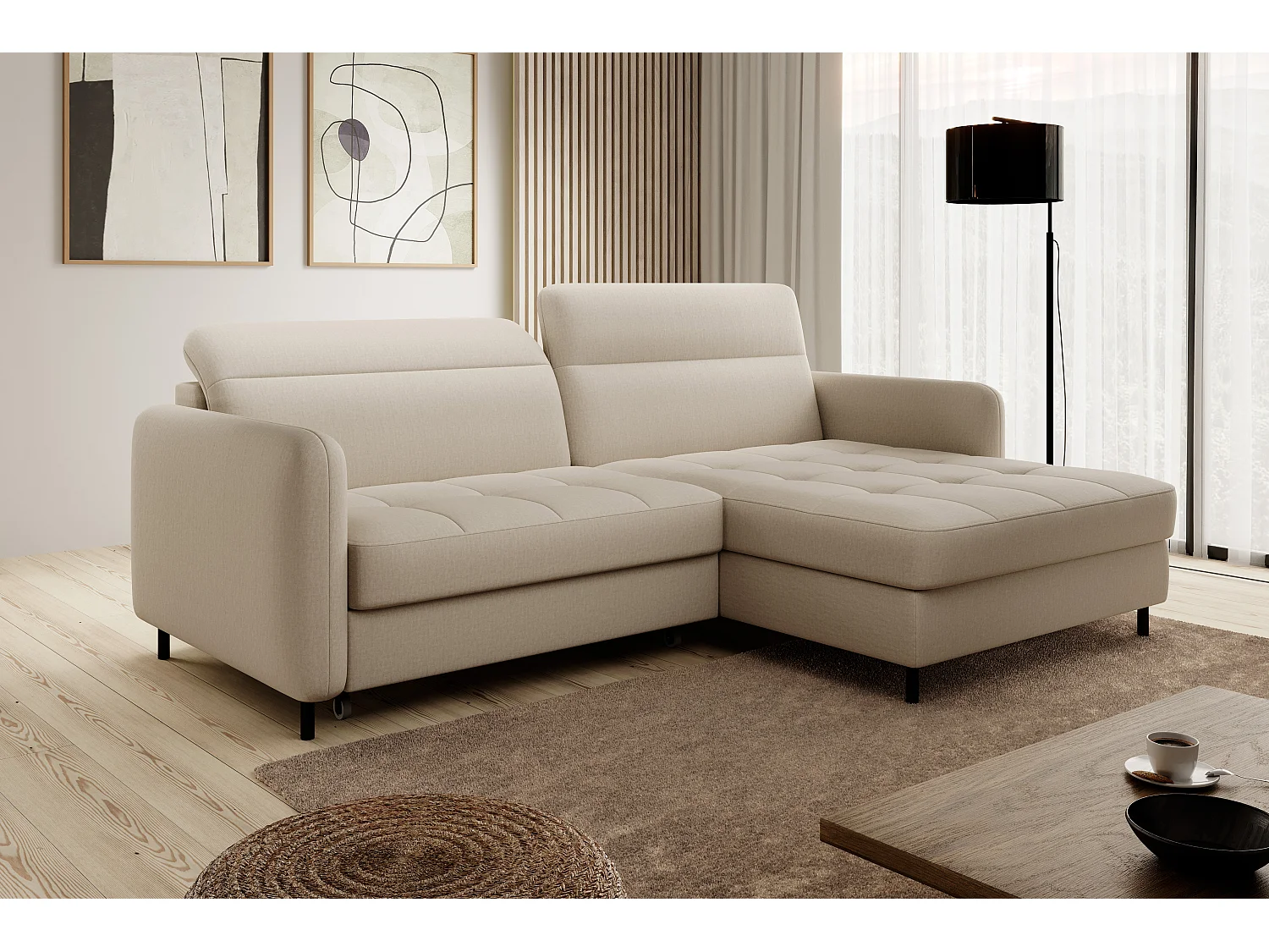 Petit canapé d’angle convertible tissu Kunder-Beige-angle droit