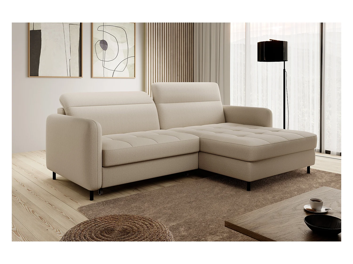 Kleine omvormbare hoekbank in Kunder-stof-Kleur Beige-juiste hoek