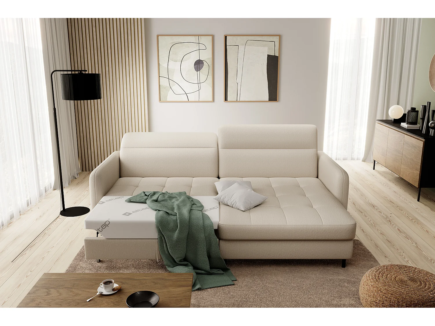 Kleine omvormbare hoekbank in Kunder-stof-Kleur Beige-juiste hoek