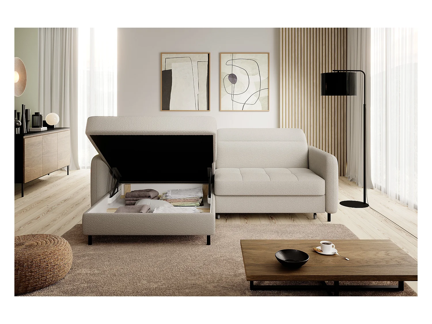 Petit canapé d’angle convertible tissu Kunder-Beige clair-angle gauche