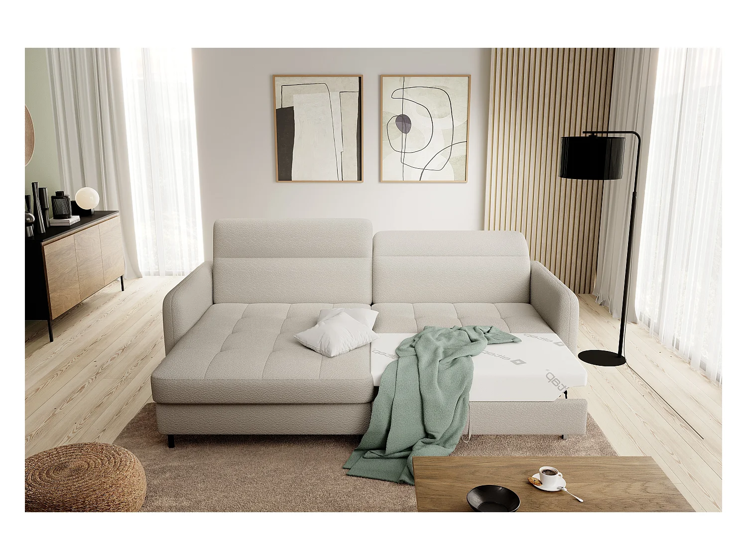 Petit canapé d’angle convertible tissu Kunder-Beige clair-angle gauche