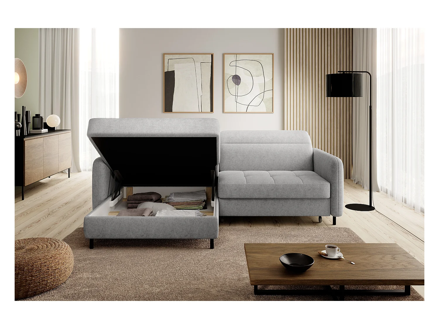 Petit canapé d’angle convertible tissu Kunder-Beige clair-angle gauche