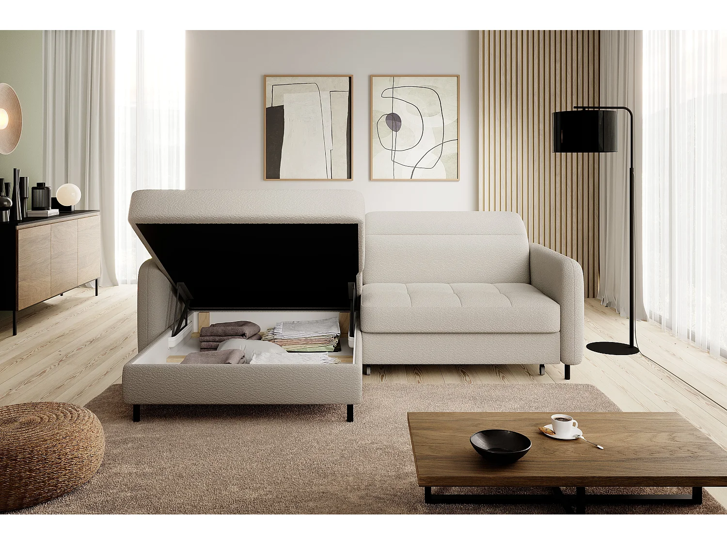 Petit canapé d’angle convertible tissu Kunder-Beige clair-angle gauche