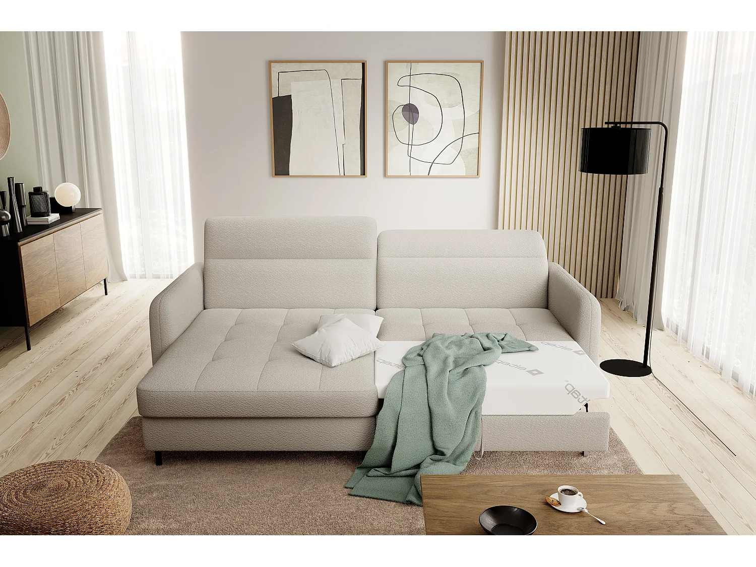 Petit canapé d’angle convertible tissu Kunder-Beige clair-angle gauche