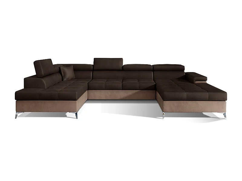 Canapé panoramique convertible KUTTY velours - Rangement et têtières réglables-Marron clair/Marron foncé-Coffre à gauche