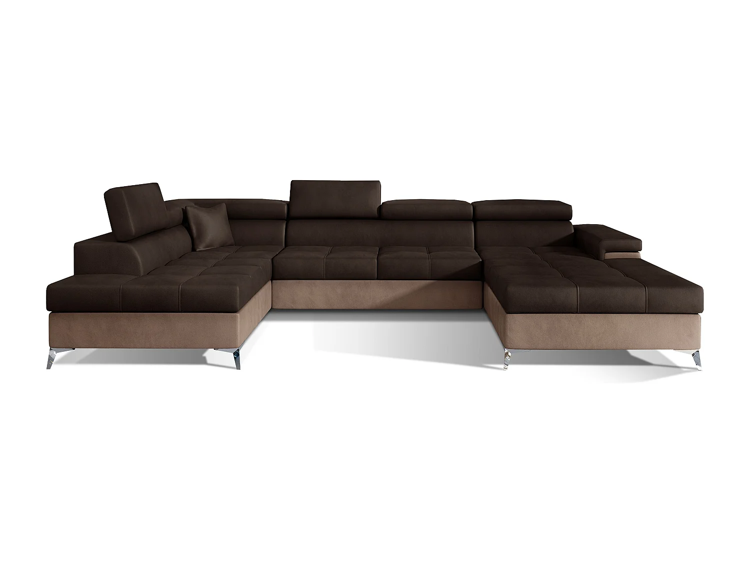 Canapé panoramique convertible KUTTY velours - Rangement et têtières réglables-Marron clair/Marron foncé-Coffre à gauche