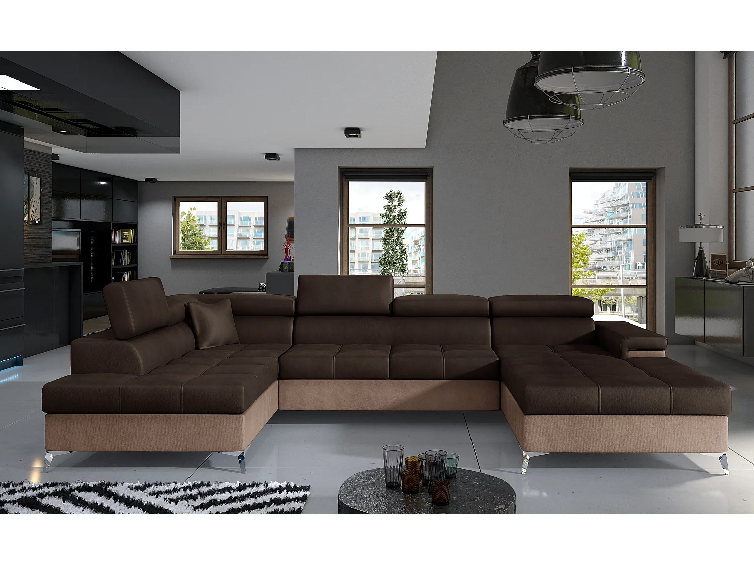 Canapé panoramique convertible KUTTY velours - Rangement et têtières réglables-Marron clair/Marron foncé-Coffre à gauche