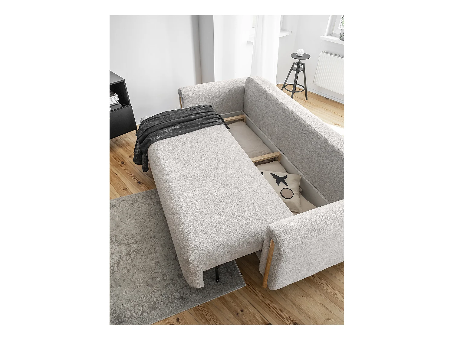 Canapé convertible en tissu bouclette DOVA - Pieds bois massif naturel-Beige