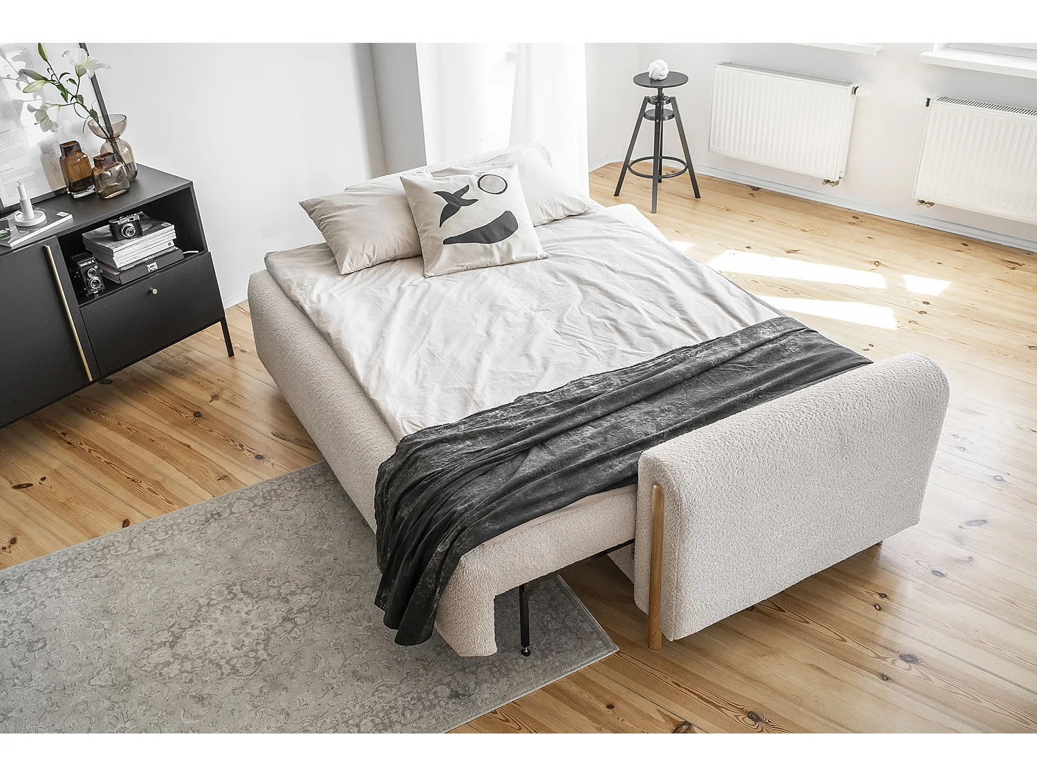 Canapé convertible en tissu bouclette DOVA - Pieds bois massif naturel-Beige