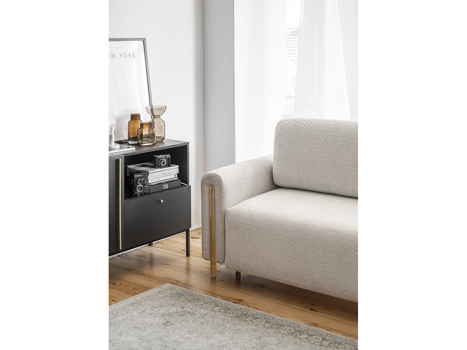 Canapé convertible en tissu bouclette DOVA - Pieds bois massif naturel-Beige