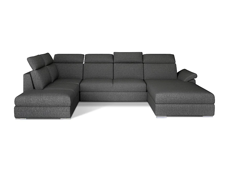 Canapé panoramique convertible LEVANO tissu - Rangement et appuie-têtes réglables-Gris foncé chiné-Coffre à droite