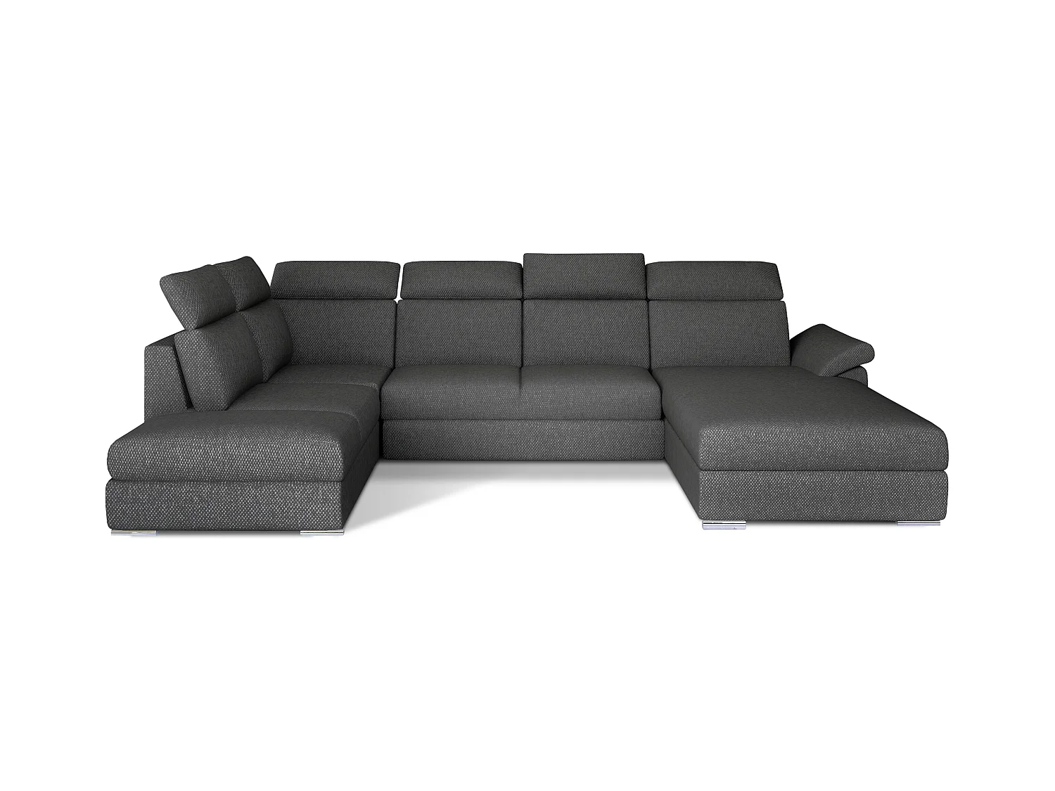 Canapé panoramique convertible LEVANO tissu - Rangement et appuie-têtes réglables-Gris foncé chiné-Coffre à droite