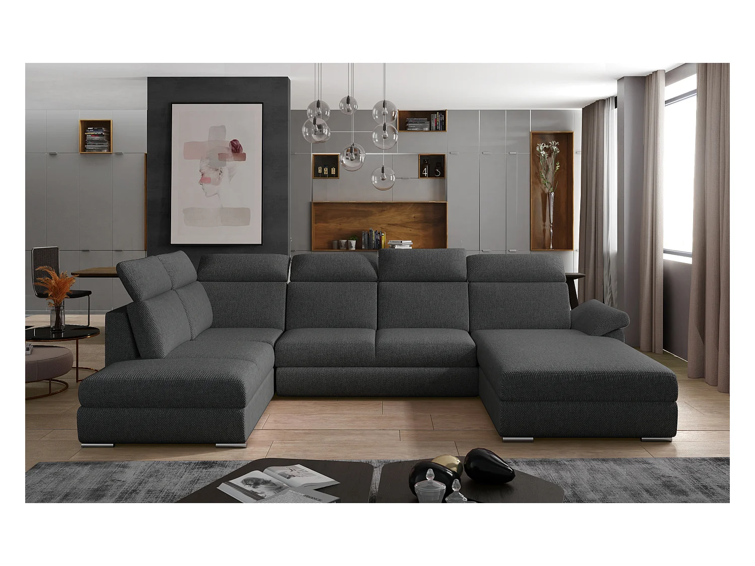 Canapé panoramique convertible LEVANO tissu - Rangement et appuie-têtes réglables-Gris foncé chiné-Coffre à droite