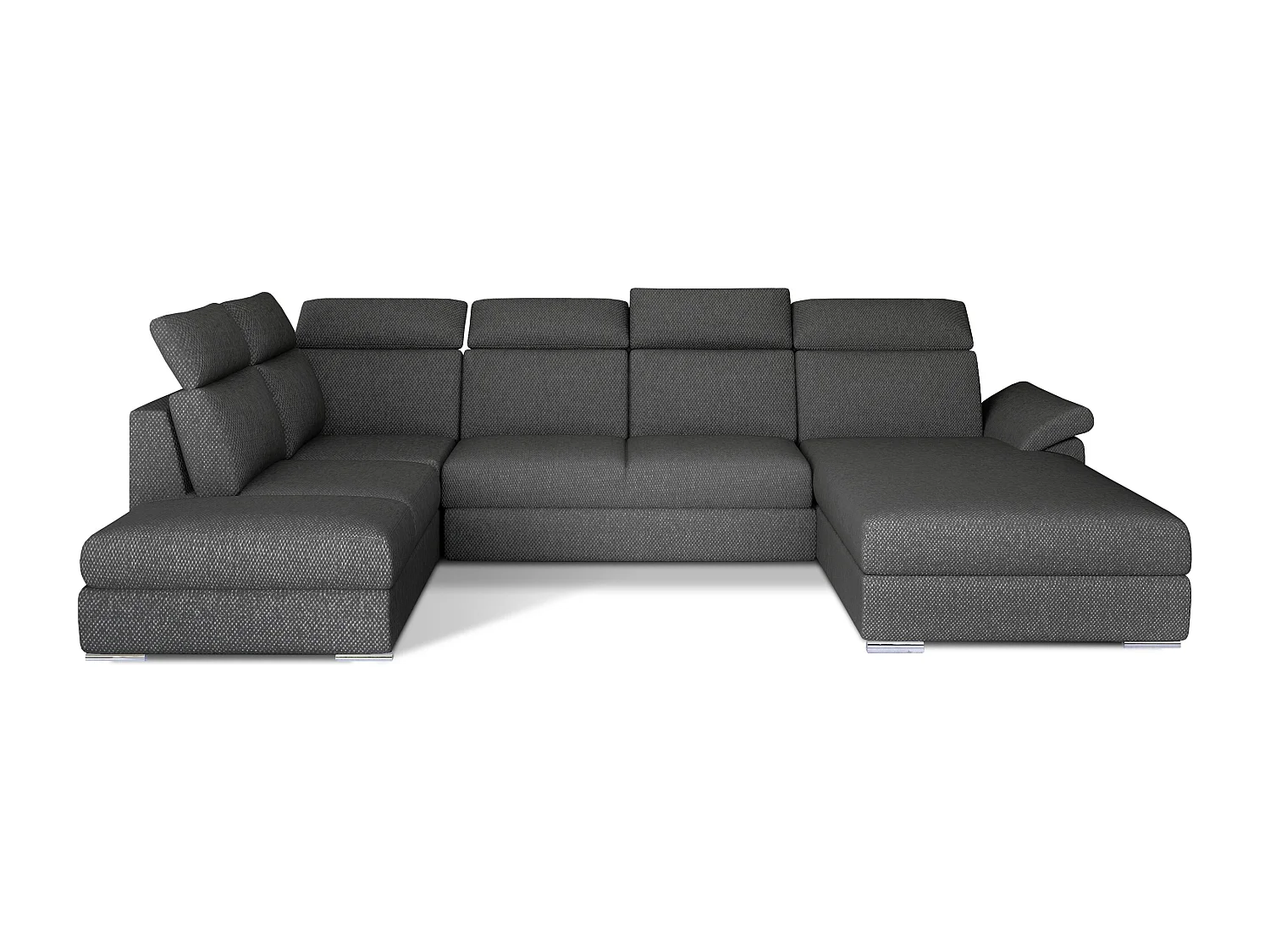 Canapé panoramique convertible LEVANO tissu - Rangement et appuie-têtes réglables-Gris foncé chiné-Coffre à droite