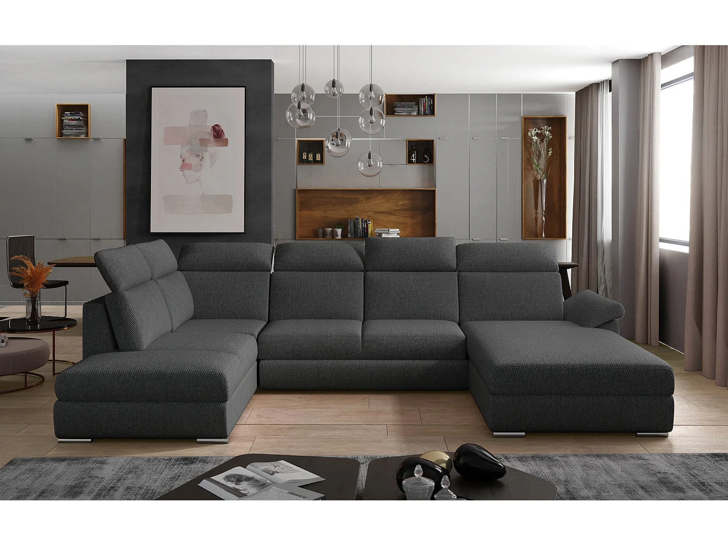 Canapé panoramique convertible LEVANO tissu - Rangement et appuie-têtes réglables-Gris foncé chiné-Coffre à droite