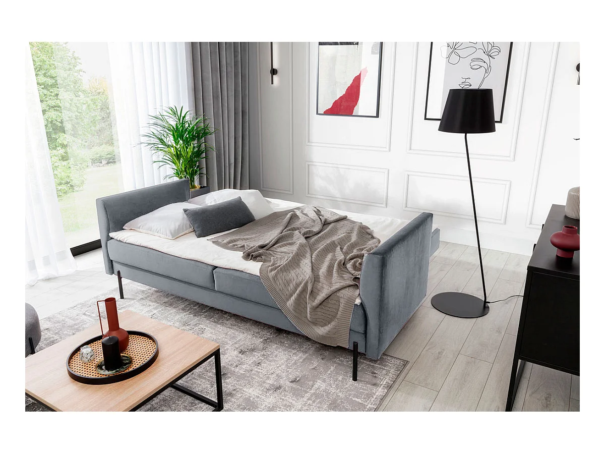 Canapé convertible en velours ROBBY – Rangement et pieds métal noir-Gris perle