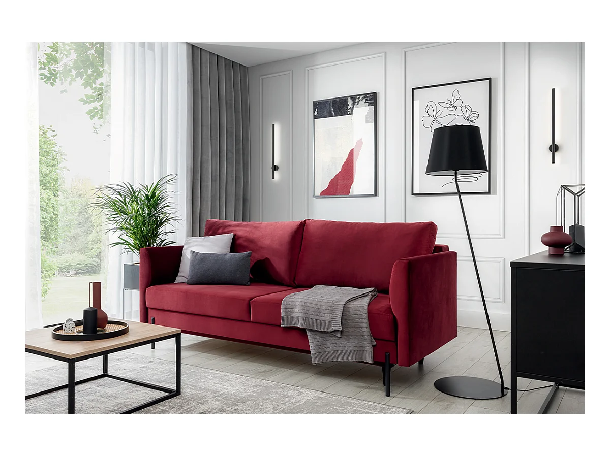 Canapé convertible en velours ROBBY – Rangement et pieds métal noir-Gris perle