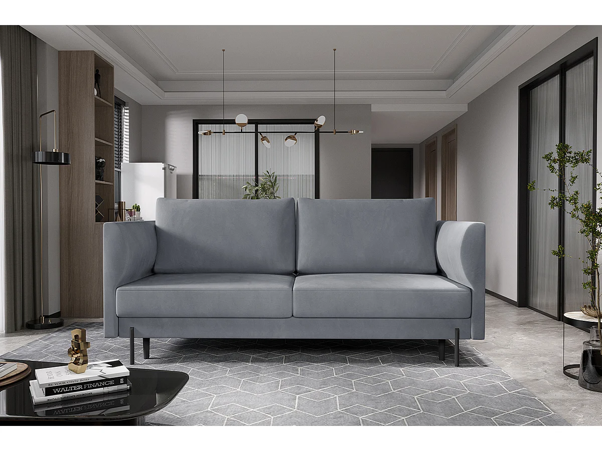 Canapé convertible en velours ROBBY – Rangement et pieds métal noir-Gris perle