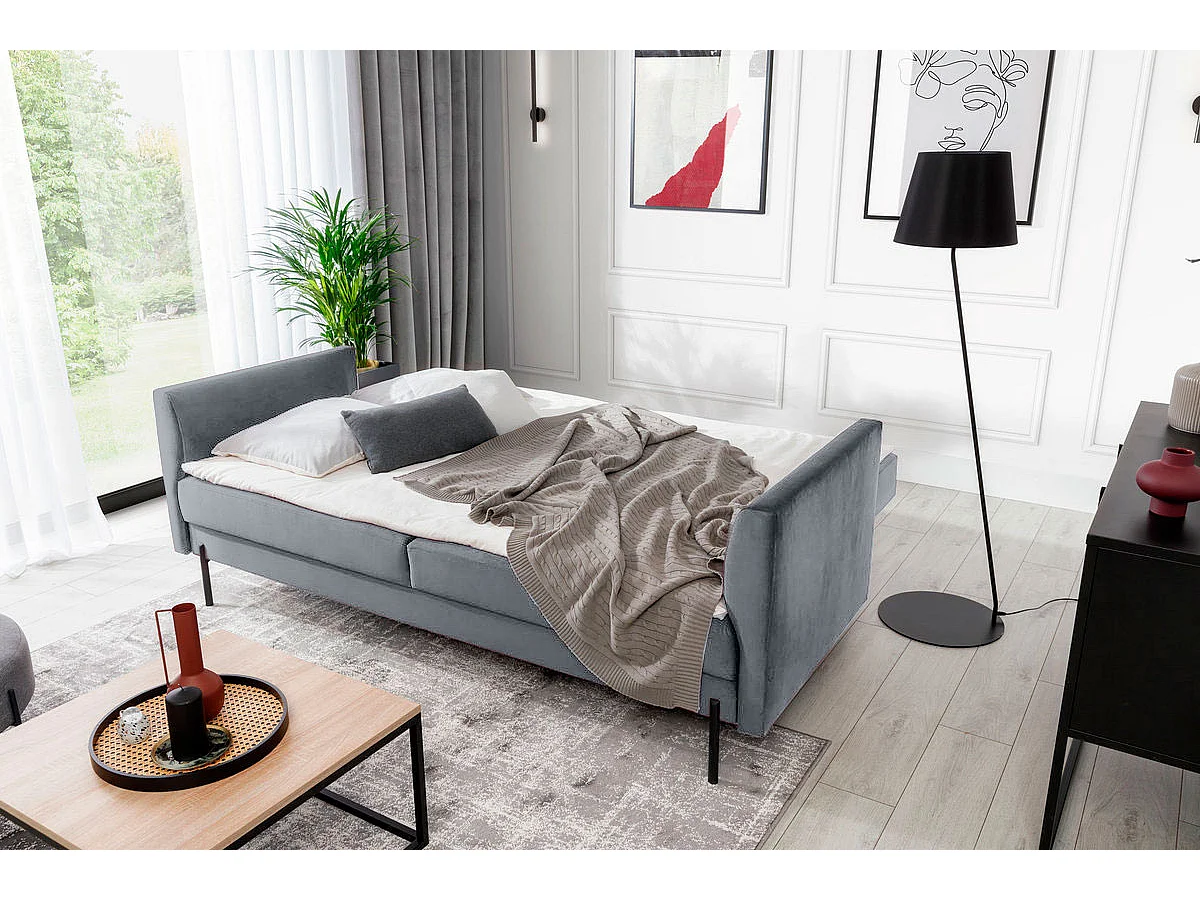 Canapé convertible en velours ROBBY – Rangement et pieds métal noir-Gris perle