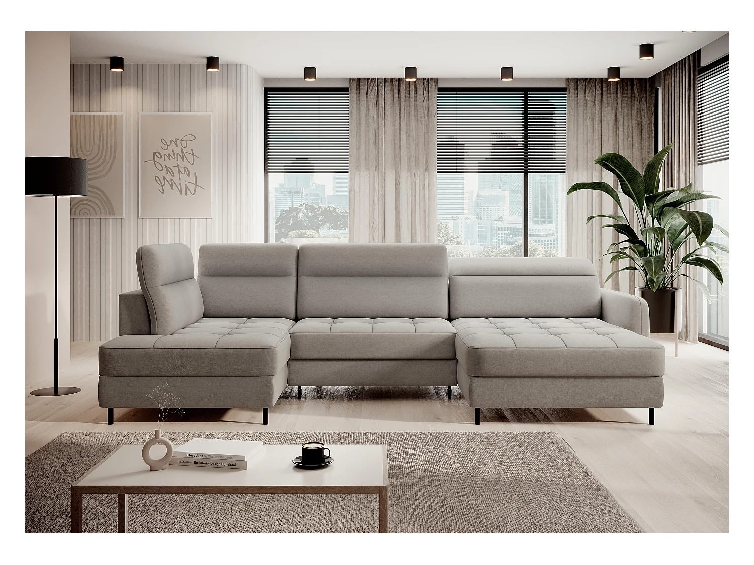 Canapé panoramique convertible BENTO en tissu avec coffre de rangement-Gris taupe-angle droit